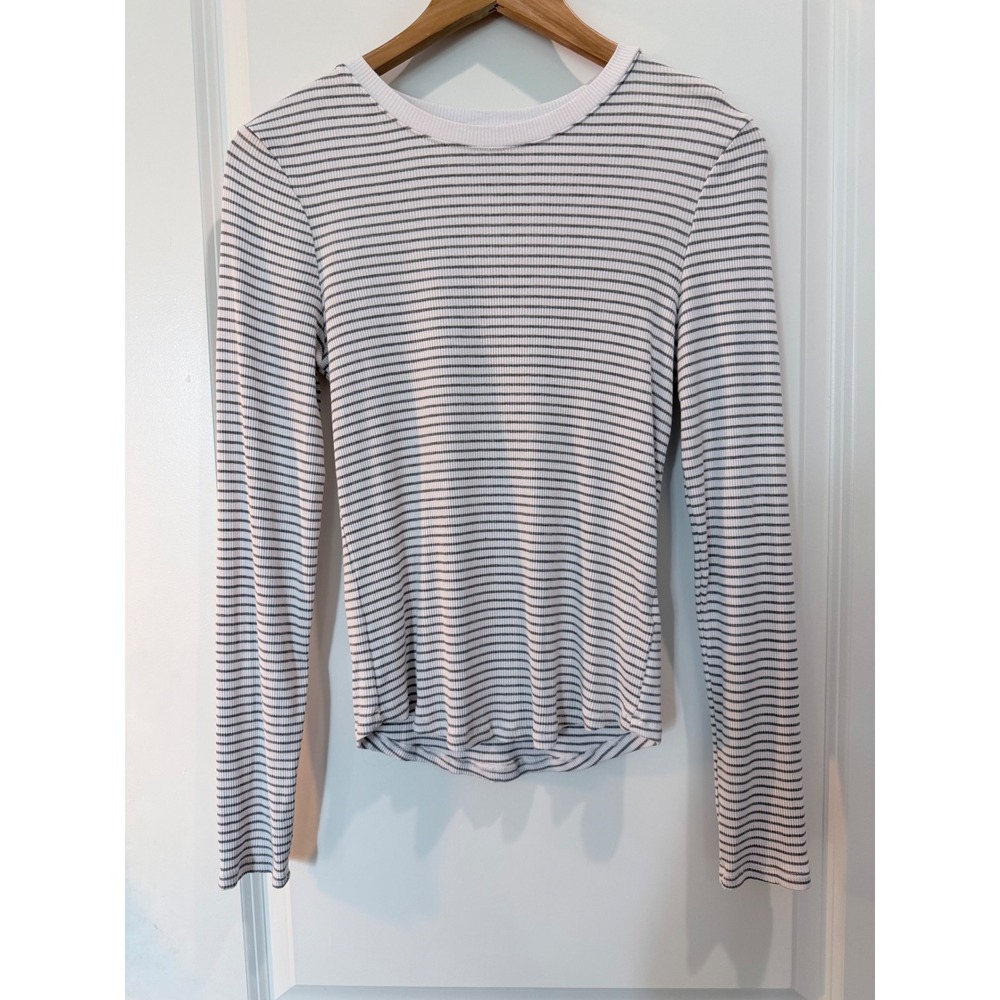 Streetwear Society Womens Ribbed Long Sleeve Striped Crew Neck Top Grey White M
